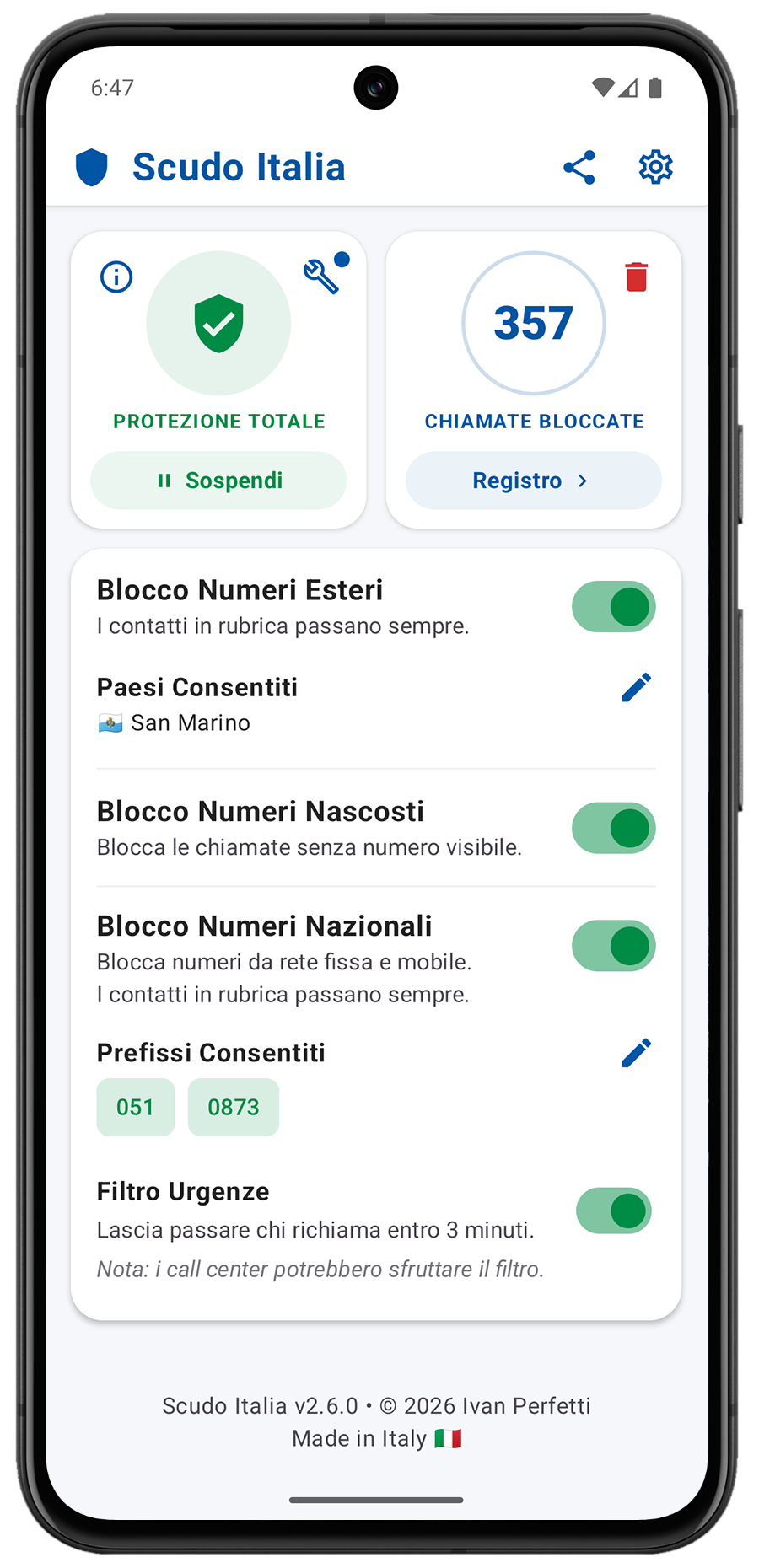 Screenshot della schermata principale dell'app Scudo Italia che mostra le varie opzioni disponibili.