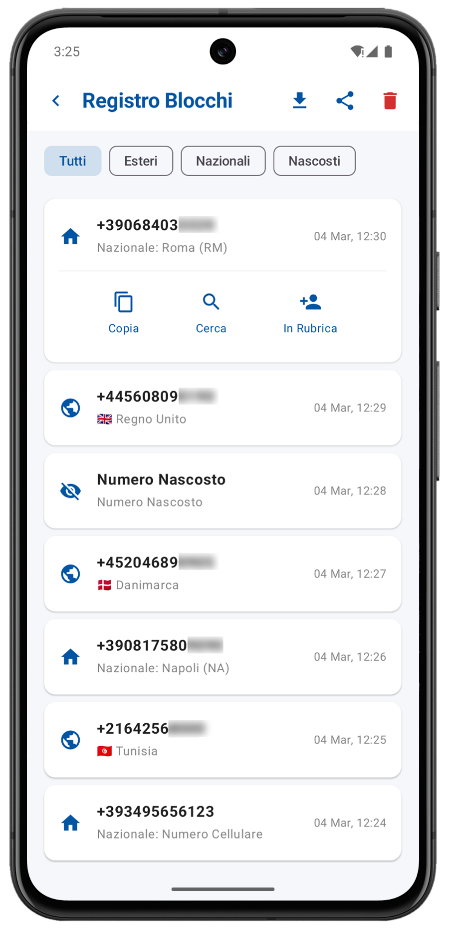 Screenshot della schermata registro chiamate dell'app Scudo Italia che mostra alcune chiamate bloccate.